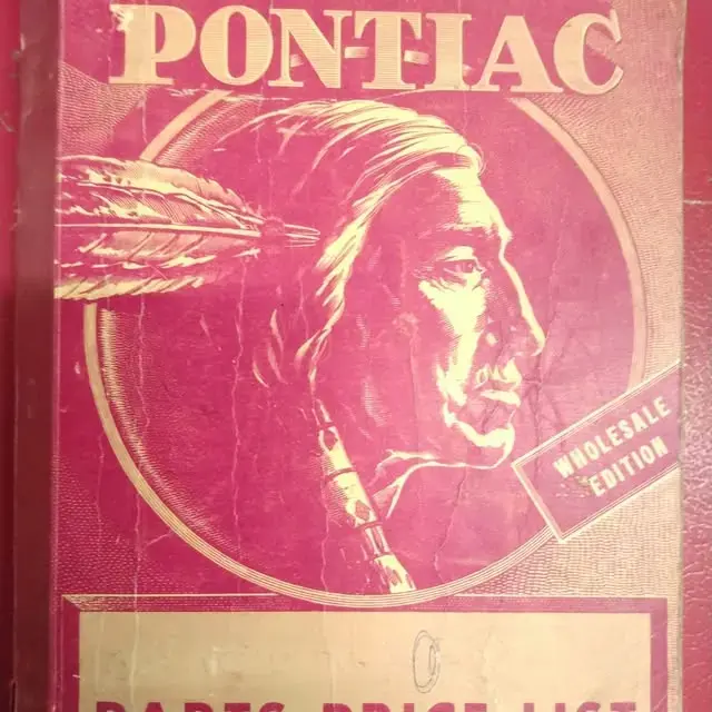 Cover of a Pontiac parts catalog with a profile of a GM artist idea of Chief Pontiac