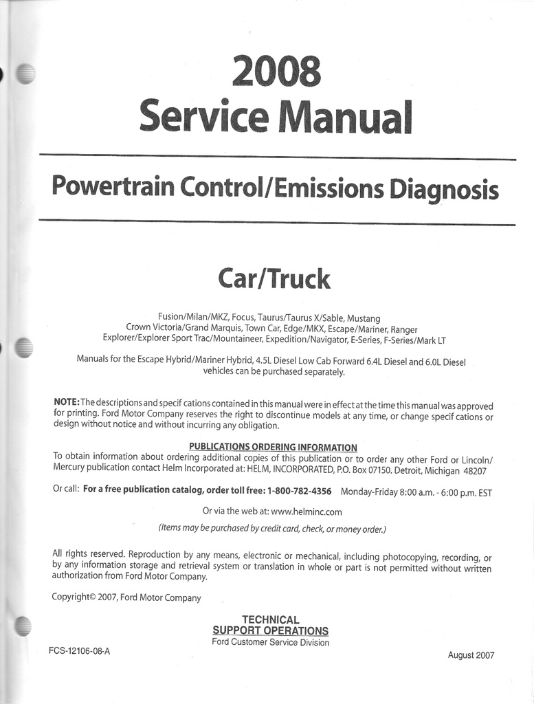 2008 Ford Car/Truck Powertrain Control/Emissions Diagnosis Original OEM Factory Service Manual