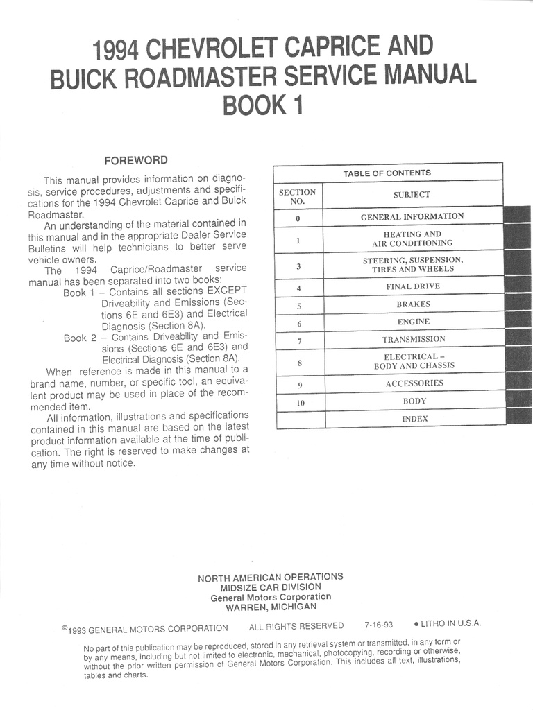 1994 Buick Roadmaster Chevrolet Caprice Factory OEM Shop Service Repair Manual