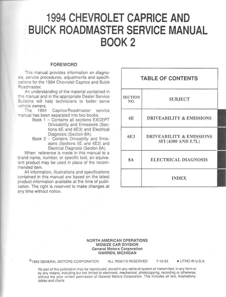 1994 Buick Roadmaster Chevrolet Caprice Factory OEM Shop Service Repair Manual