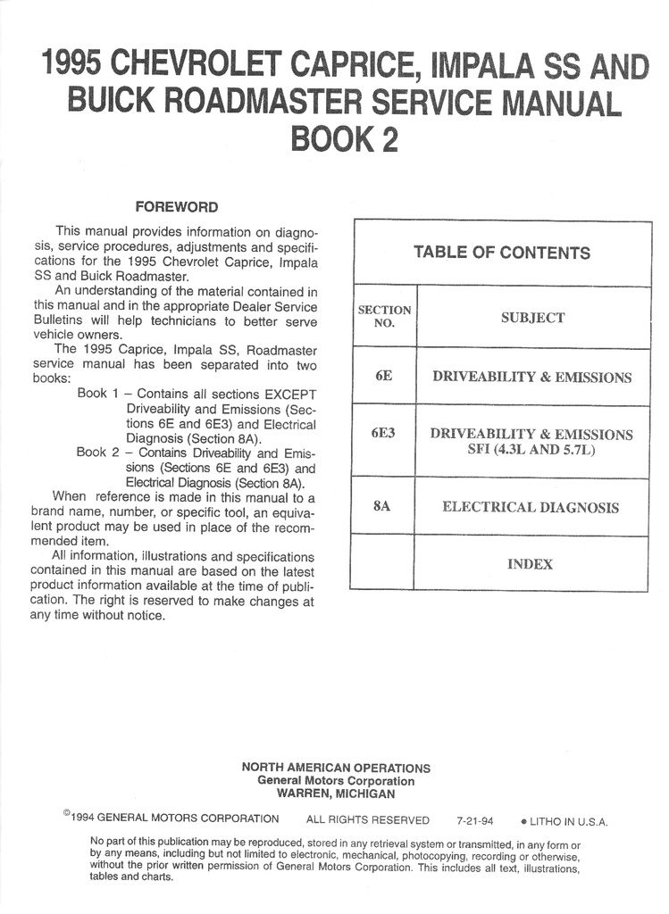 1995 Chevrolet Caprice Impala SS Buick Roadmaster Factory OEM Shop Service Repair Manual