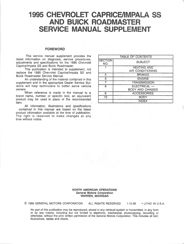 1995 Chevrolet Caprice Impala SS Buick Roadmaster Factory OEM Shop Service Repair Manual