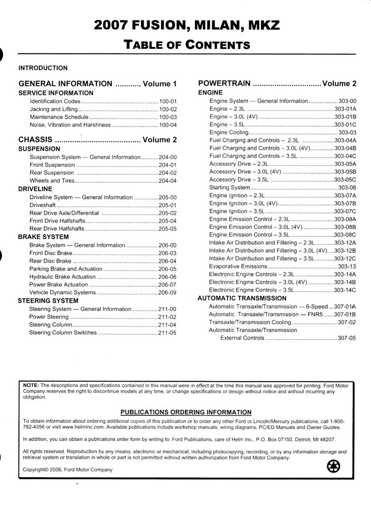 2007 Ford Fusion, Mercury Milan, Lincoln MKZ OEM Factory Shop Repair Service Workshop Manual Complete 2 Vol. Set