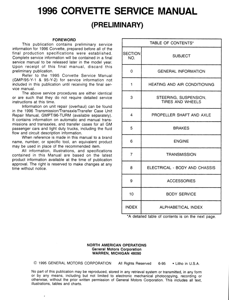 1996 Chevrolet Corvette Factory Shop Repair Preliminary Service Manual