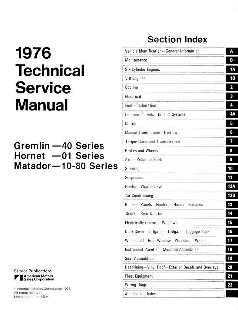 1976 AMC Gremlin, Hornet, Matador Shop Repair Maintenance Technical Service Manual