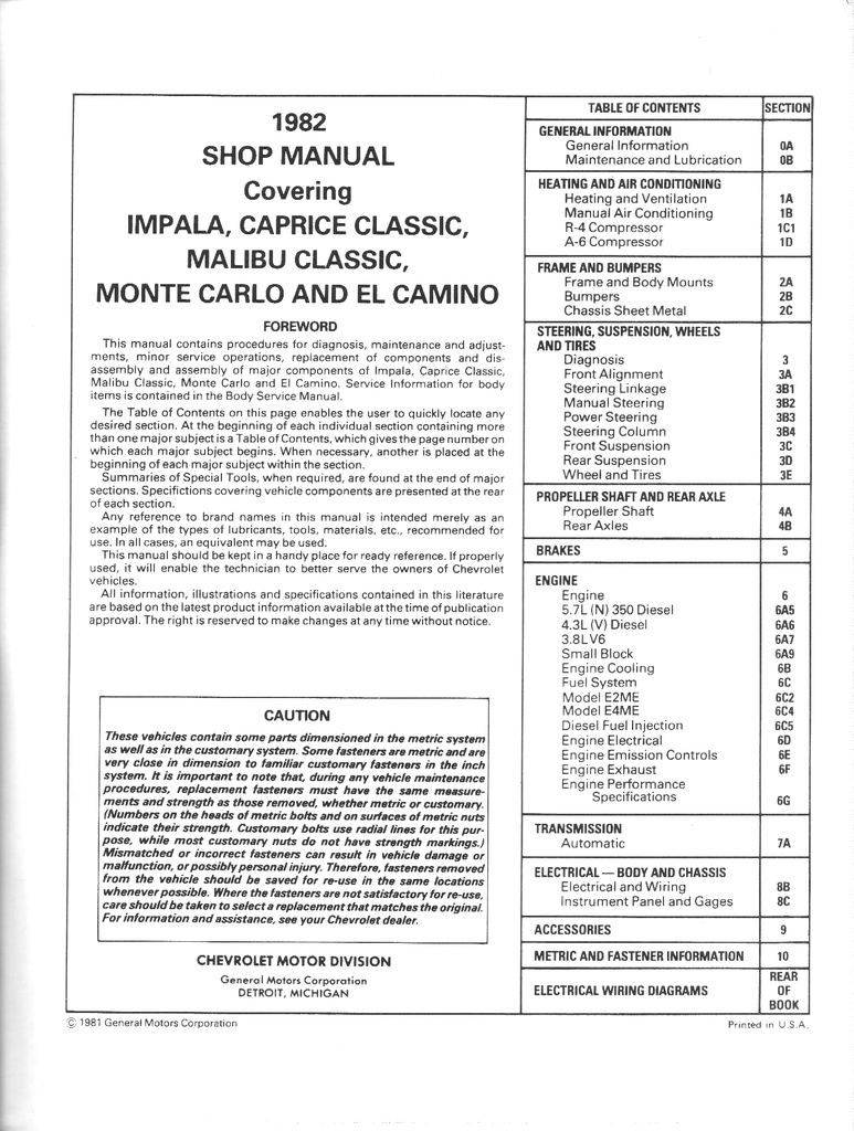 1982 GMC Caballero Chevrolet El Camino Repair Maintenance Shop Service Manual