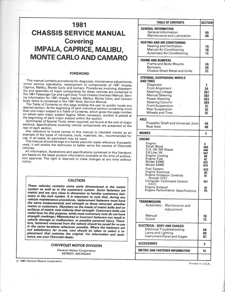 1981 GMC Caballero Chevrolet El Camino Repair Maintenance Shop Service Manual