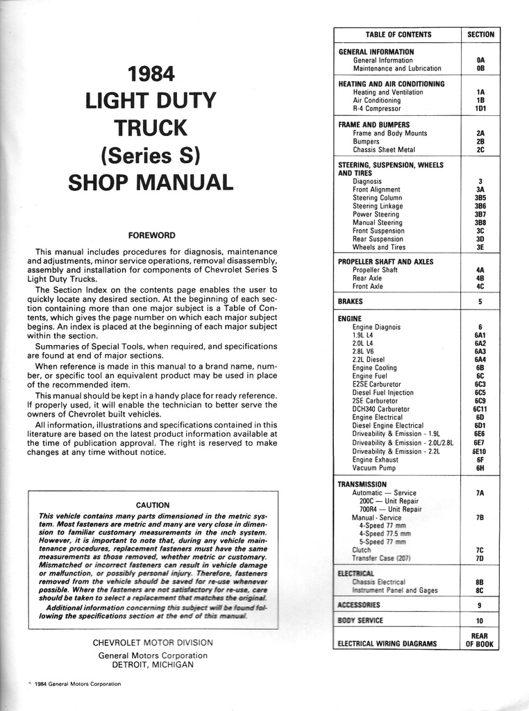 1984 Chevrolet Light Duty Truck S Series Models Pickup Blazer Shop Repair Service Manual