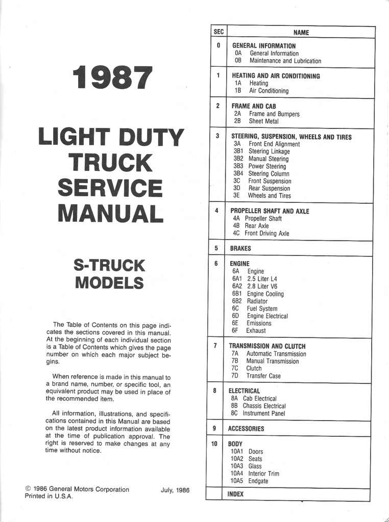 1987 GMC Truck Light Duty S-15 Pickup Jimmy S Series Models Shop Repair Service Manual