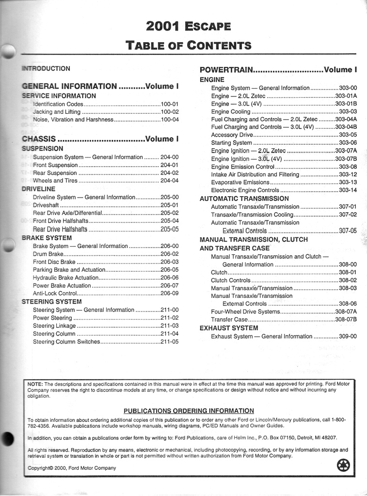 2001 Ford Escape Factory Shop Repair Service Workshop Manual Complete 2 Vol. Set