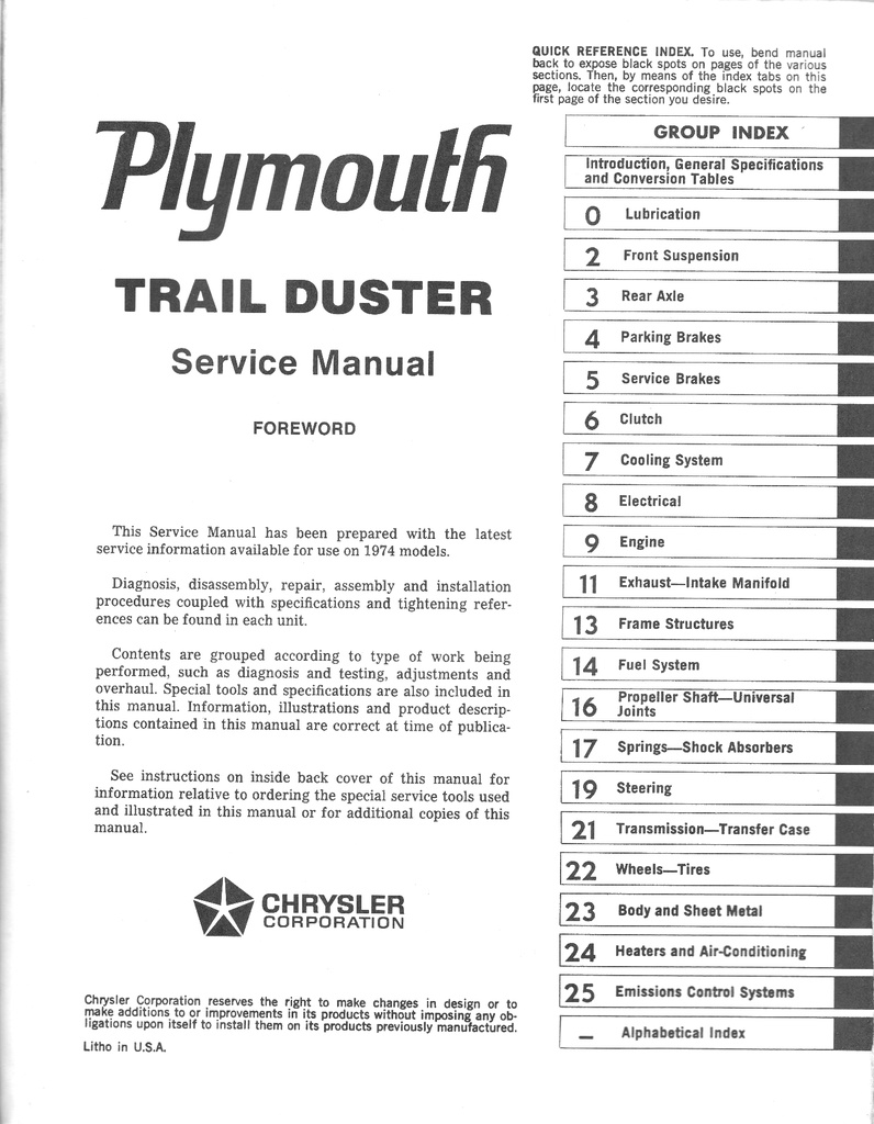 1974 Dodge/Plymouth Ramcharger/Trail Duster Shop Maintenance Repair Service Manual