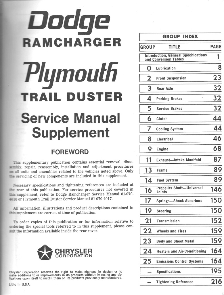 1975 Dodge/Plymouth Ramcharger/Trail Duster Shop Maintenance Repair Service Manual Supplement