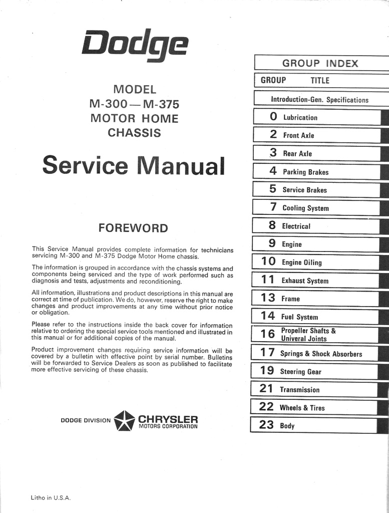 1970 Dodge Motor Home Chassis M-300 M-375 Shop Maintenance Repair Service Manual