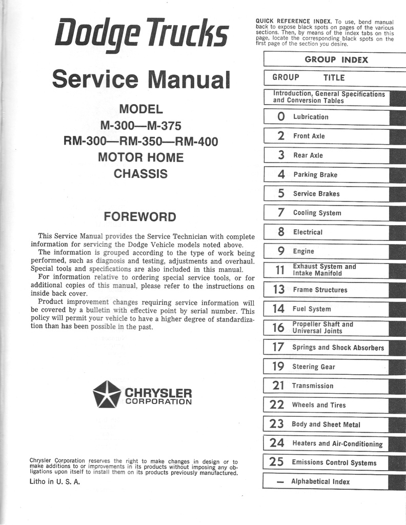1973 Dodge Motor Home Chassis M-300 M-375 RM-300 RM-350 RM-400 Shop Maintenance Repair Service Manual
