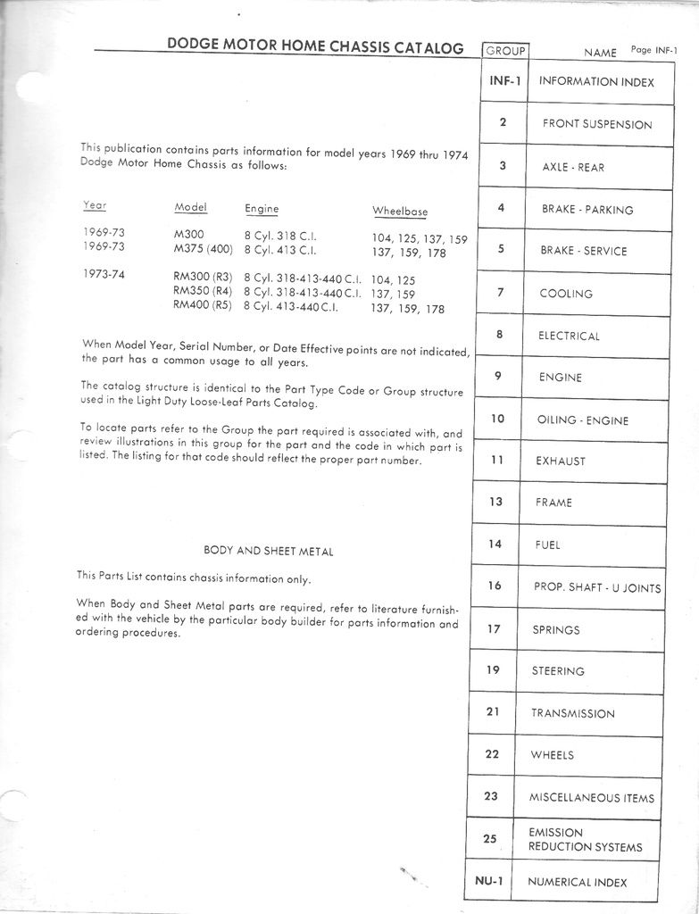 1969-1974 Mopar Dodge Motor Home Chassis M-300 M-375 RM-300 RM-350 RM-400 Parts Catalog