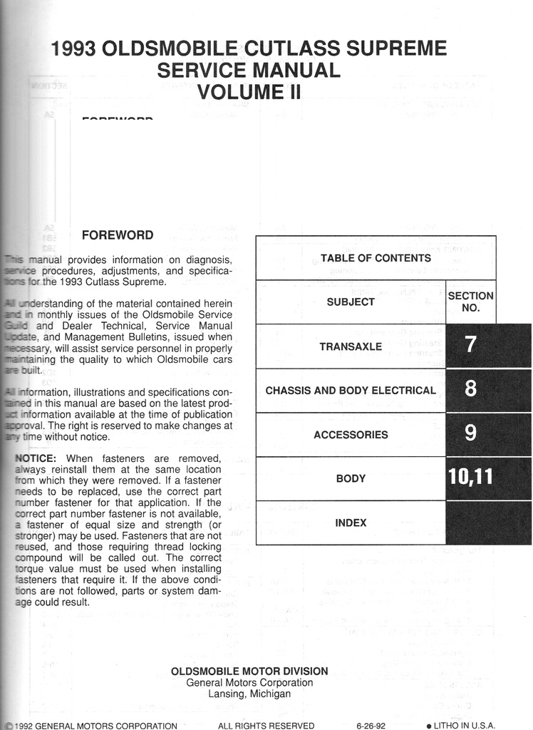 1993 Oldsmobile Cutlass Supreme OEM Shop Service Repair Manual 3 Vol. Set