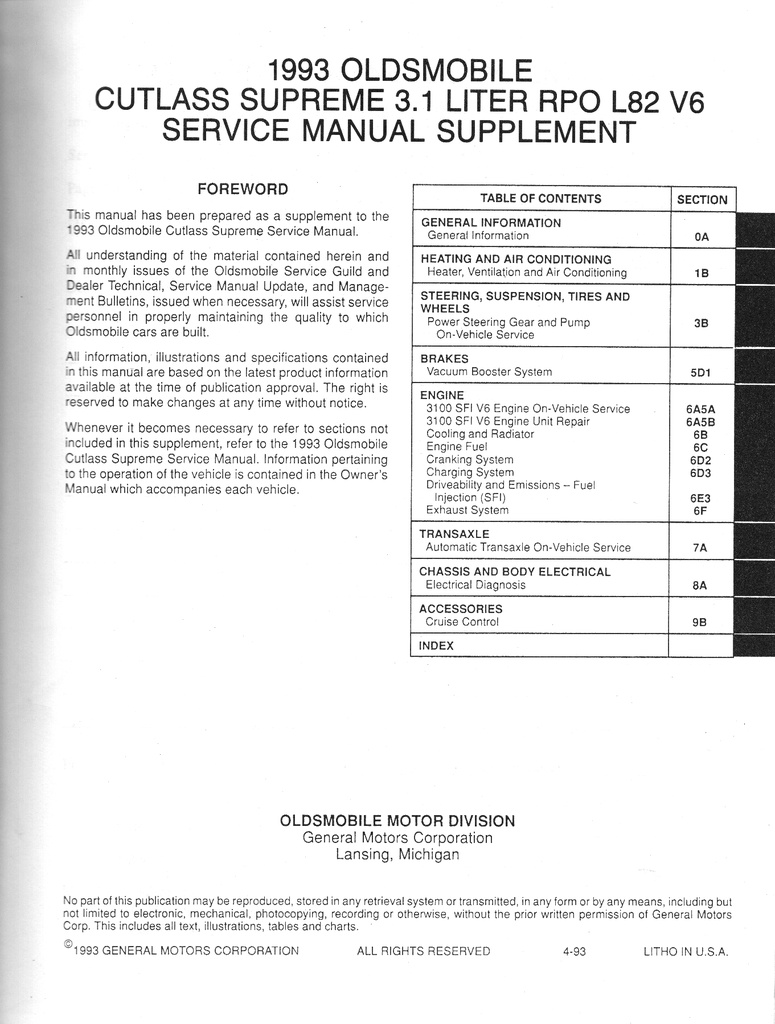 1993 Oldsmobile Cutlass Supreme OEM Shop Service Repair Manual 3 Vol. Set