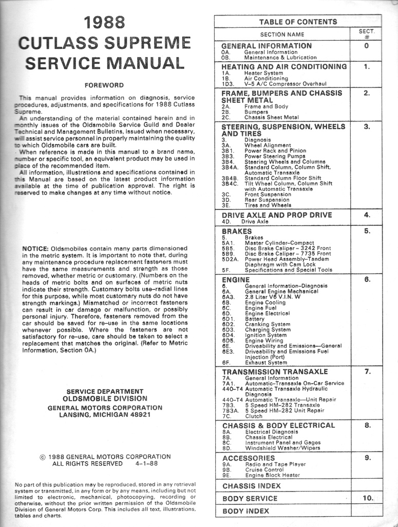 1988 Oldsmobile Cutlass Supreme OEM Shop Service Repair Manual