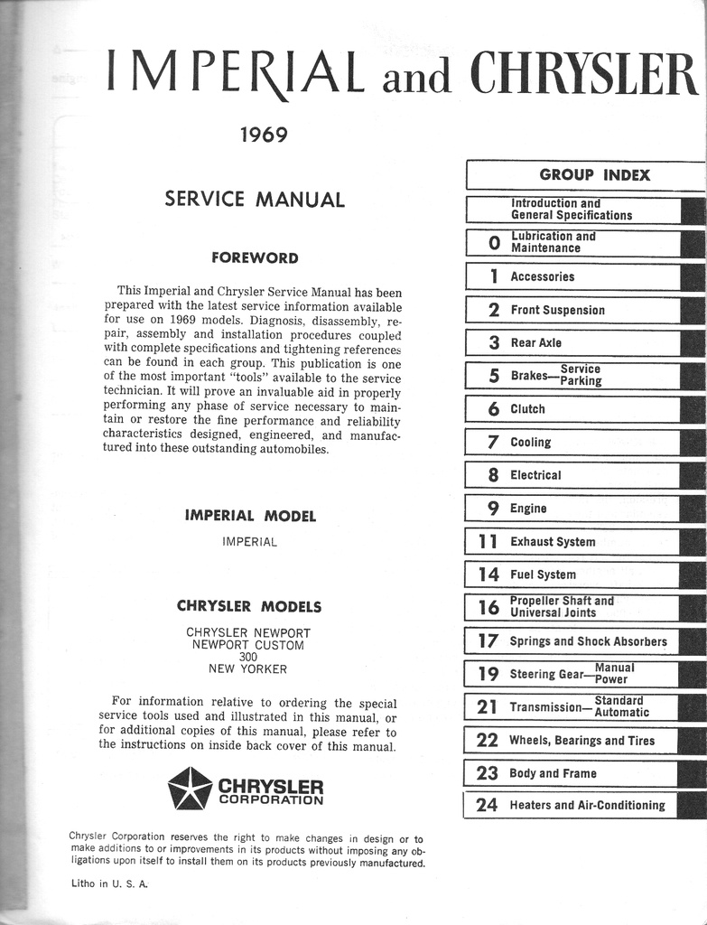 1969 Imperial and Chrysler Shop Repair Maintenance Technical Service Manual