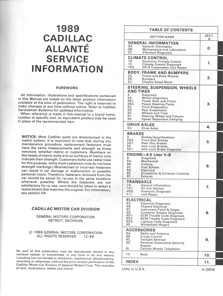 1989 Cadillac Allante Shop Service Repair Manual