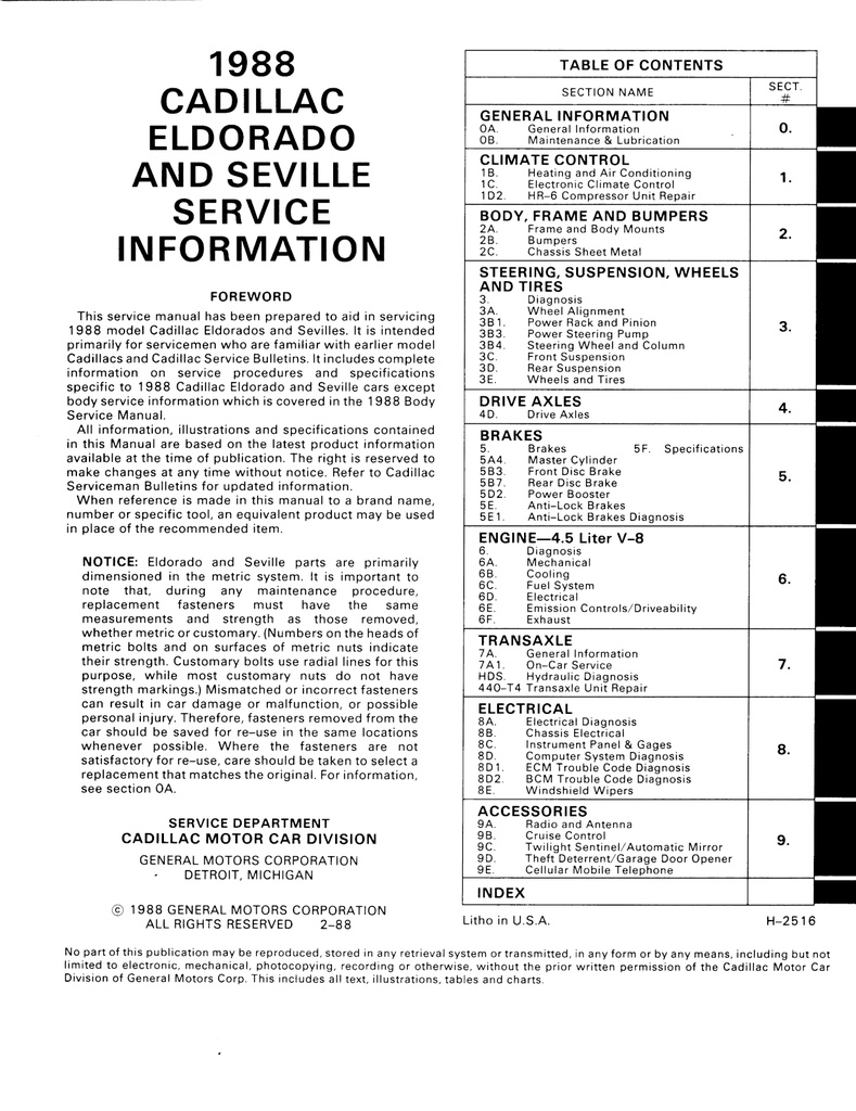 1988 Cadillac Eldorado and Seville OEM Shop Service Repair Manual