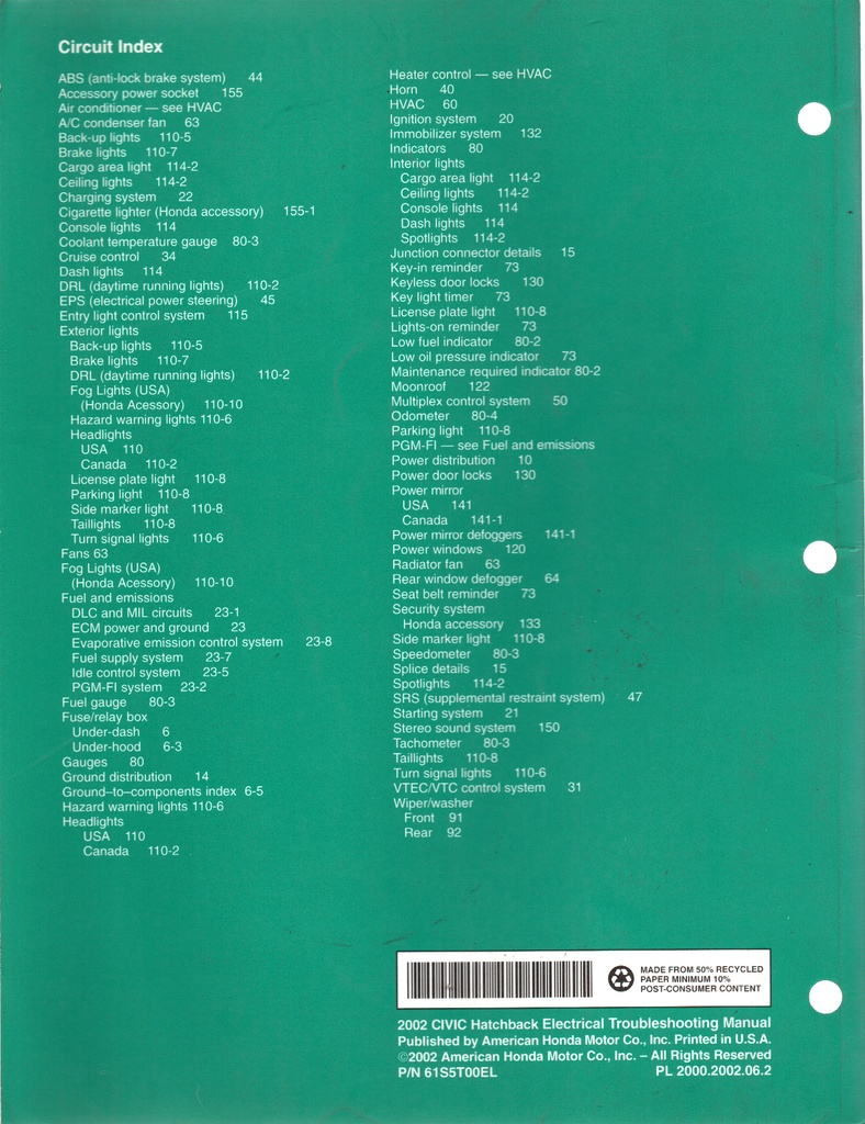 2002 Honda Civic Hatchback Electrical Troubleshooting Manual ETM with Wiring Diagrams