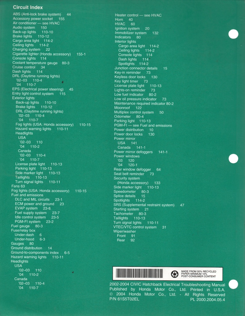 2002-2003-2004 Honda Civic Hatchback Electrical Troubleshooting Manual ETM with Wiring Diagrams