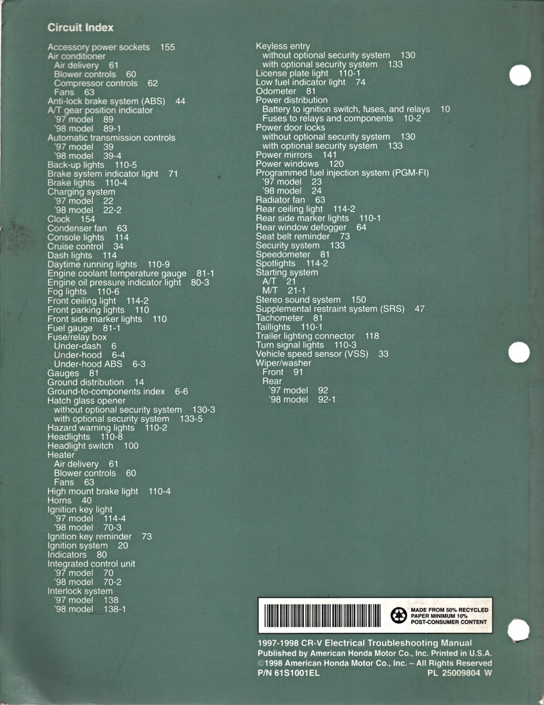 1997-2001 Honda CR-V Electrical Troubleshooting Manual (ETM) incl. Wiring Diagrams