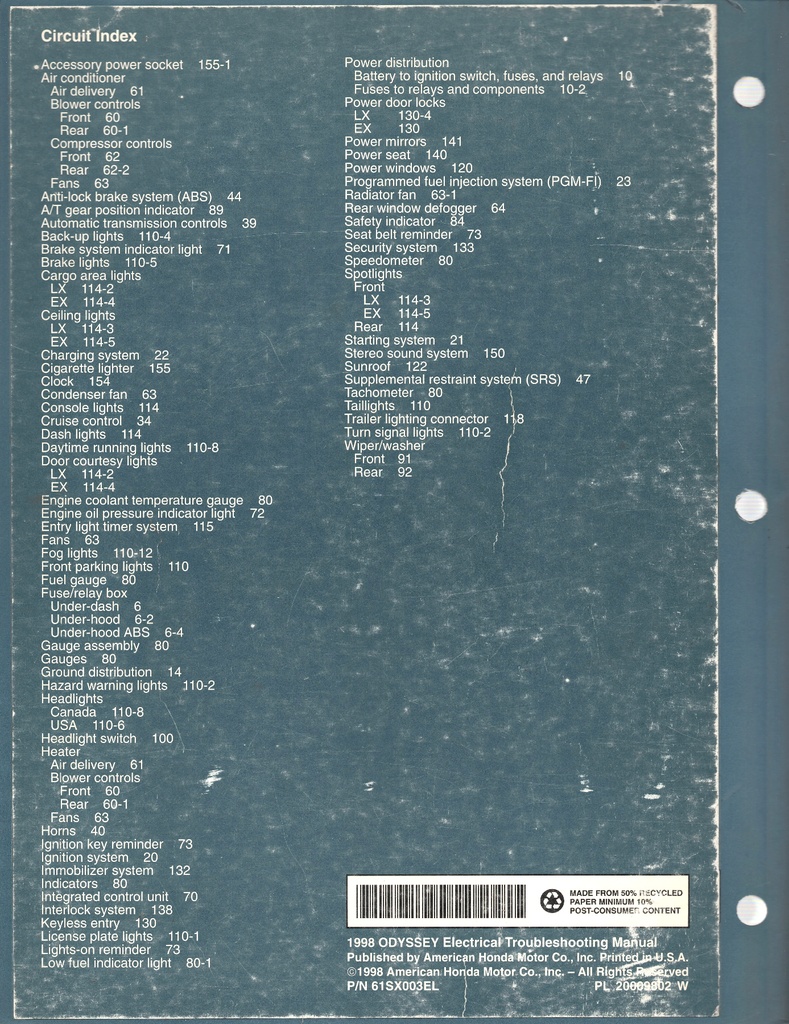 1998 Honda Odyssey Electrical Troubleshooting Manual ETM w/Wiring Diagrams