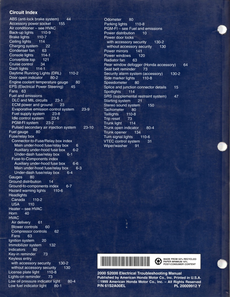 2000 Honda S2000 Electrical Troubleshooting Manual (ETM) with Wiring Diagrams