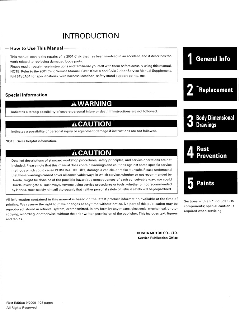 2001 Honda Civic Body Repair Service Manual BRM