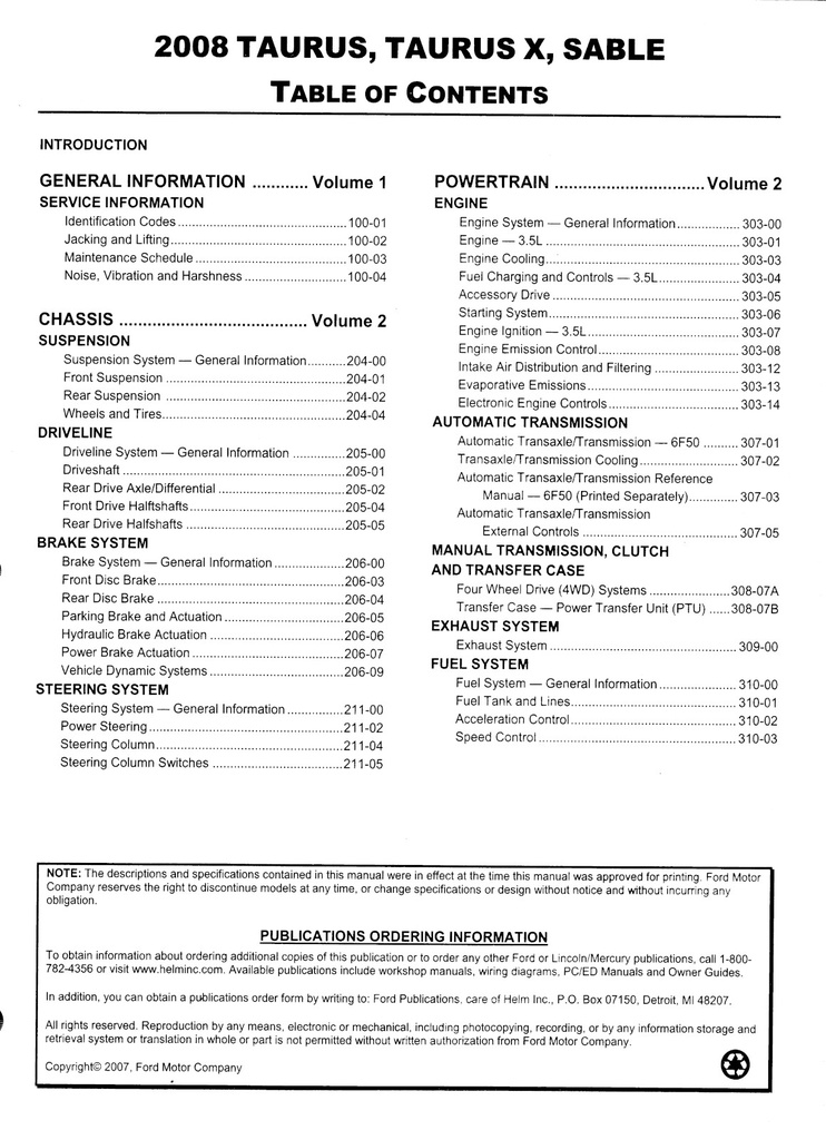 2008 Ford Taurus, Taurus X and Mercury Sable OEM Factory Shop Repair Service Workshop Manual Complete 2 Vol. Set
