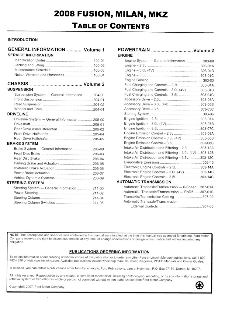 2008 Ford Fusion, Mercury Milan, Lincoln MKZ OEM Factory Shop Repair Service Workshop Manual Complete 2 Vol. Set