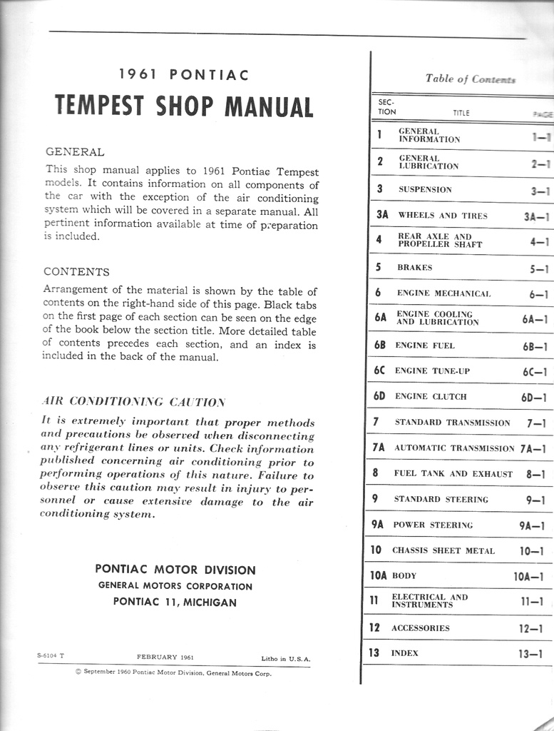 1961 Pontiac LeMans, Tempest, Tempest Station Wagon Factory Repair Shop Chassis Service Manual