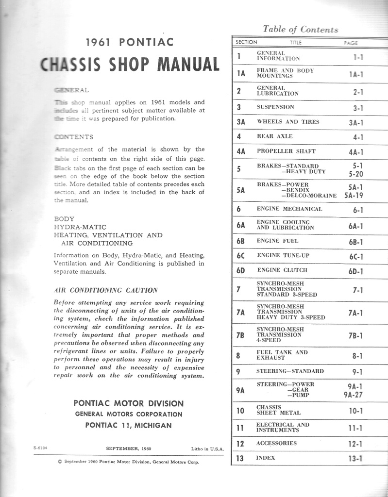 1961 Pontiac Bonneville, Catalina, Star Chief, and Ventura Factory Repair Shop Chassis Service Manual