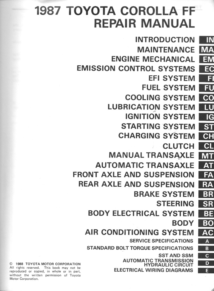 1987 Toyota Corolla FF FX-16 AE82 OEM Shop Service Repair Manual