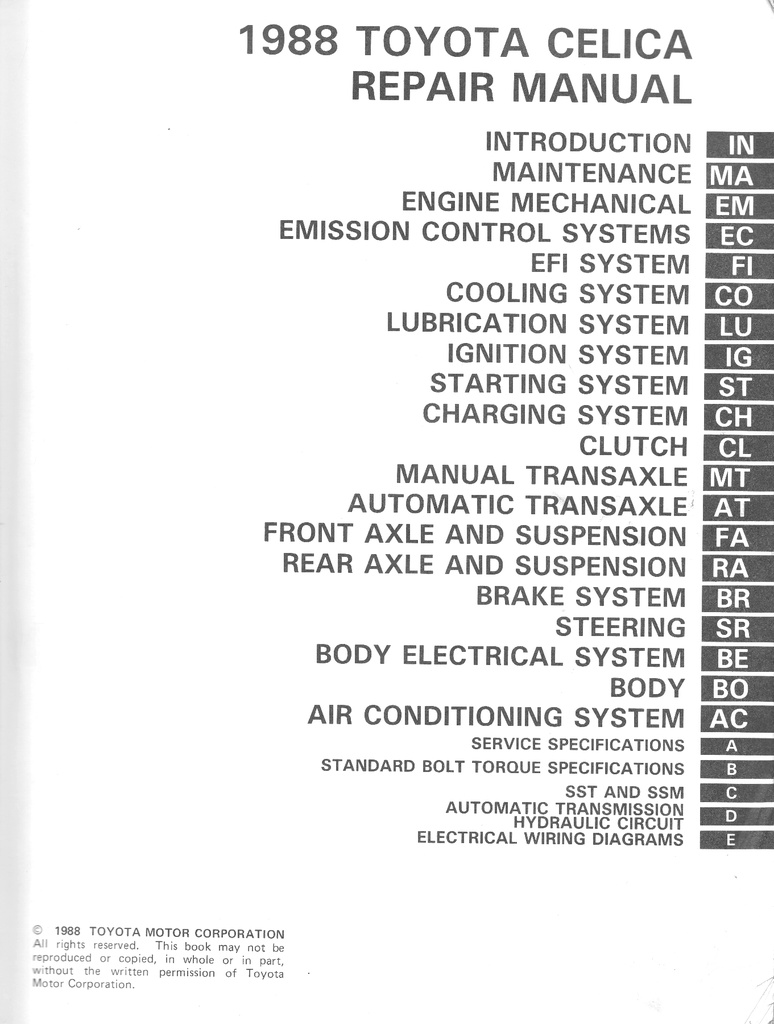 1988 Toyota Celica OEM Shop Service Repair Manual
