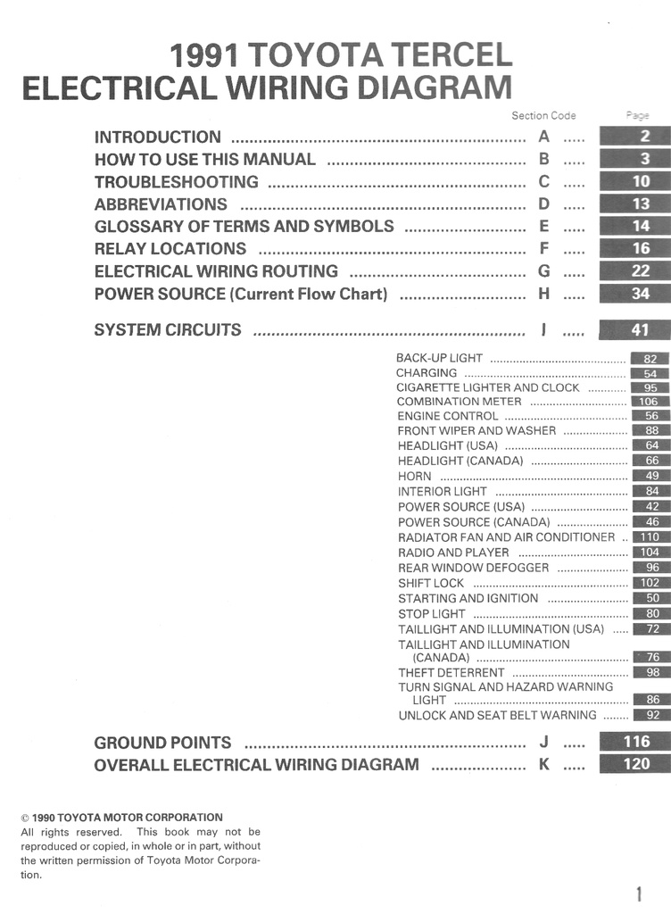 1991 Toyota Tercel OEM Shop Service Repair Electrical Wiring Diagram Manual