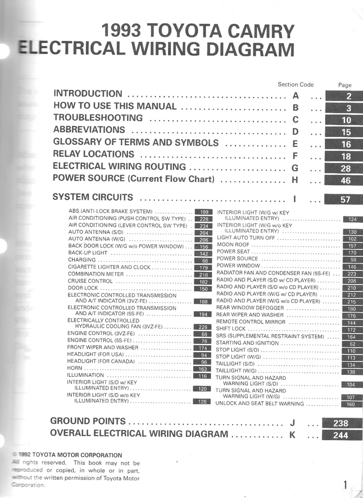 1993 Toyota Camry OEM Shop Service Repair Electrical Wiring Diagram Manual