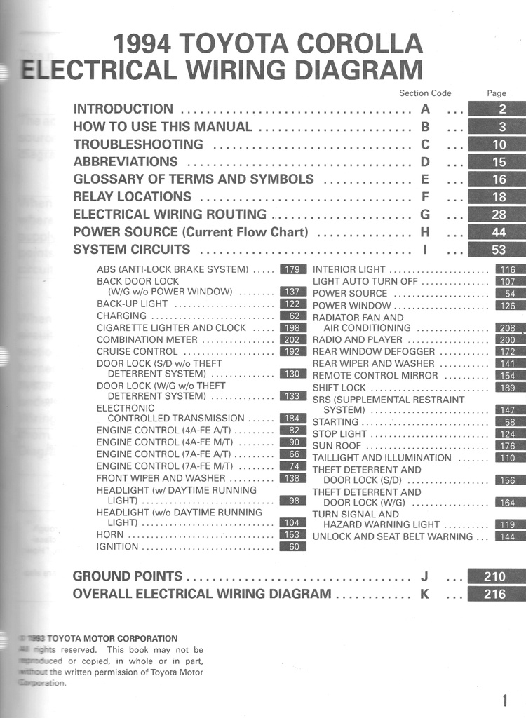 1994 Toyota Corolla AE101 AE102 OEM Shop Service Repair Electrical Wiring Diagram Manual