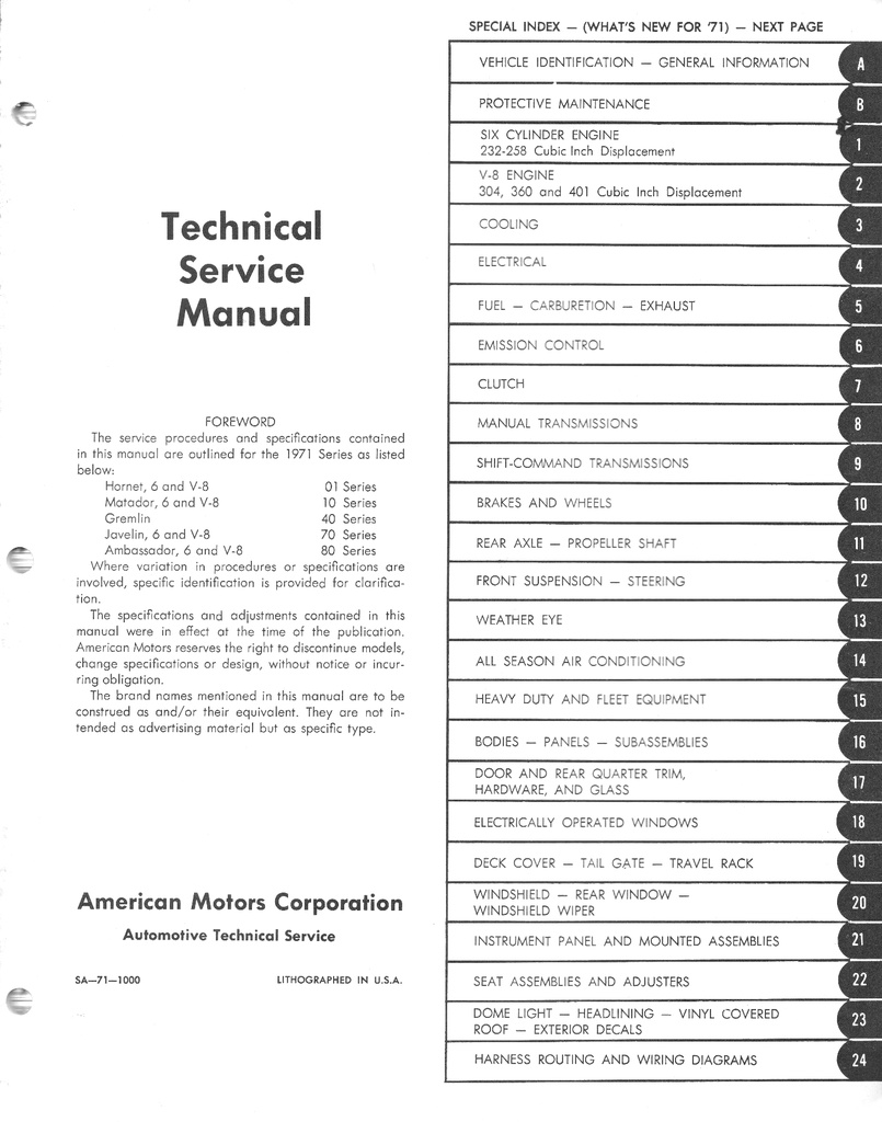 1971 AMC American Motors Shop Repair Maintenance Technical Service Manual