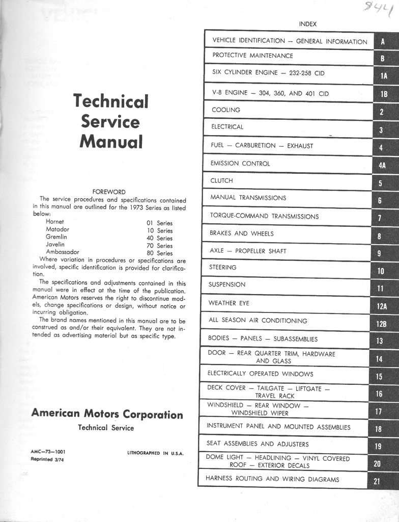1973 AMC American Motors Shop Repair Maintenance Technical Service Manual
