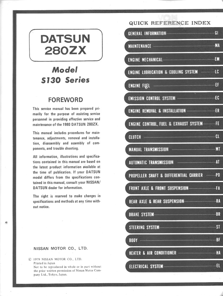 1980 Nissan/Datsun 280ZX Shop Repair Service Manual