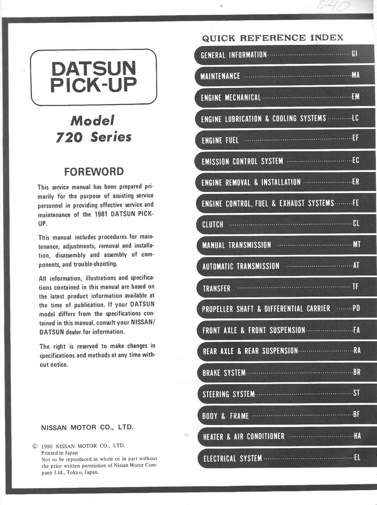 1981 Nissan/Datsun Pickup Shop Repair Service Manual