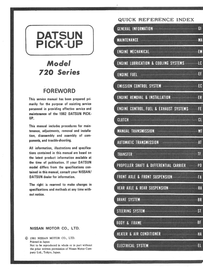 1982 Nissan/Datsun Pickup Shop Repair Service Manual