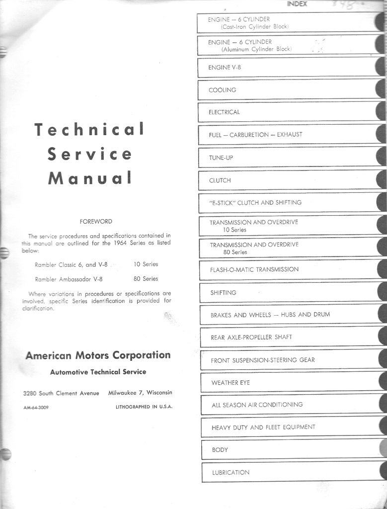 1964 AMC Rambler Classic 6, V-8, Ambassador V-8 Shop Repair Maintenance Technical Service Manual