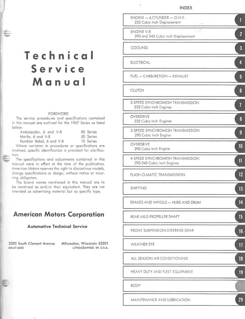 1967 AMC Rambler Rebel Ambassador Marlin Shop Repair Maintenance Technical Service Manual