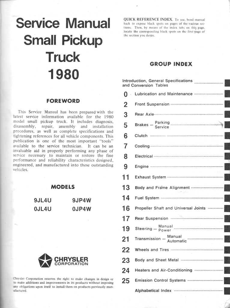 1980 Dodge D-50 and Plymouth Arrow Pickup Truck Shop Maintenance Repair Service Manual
