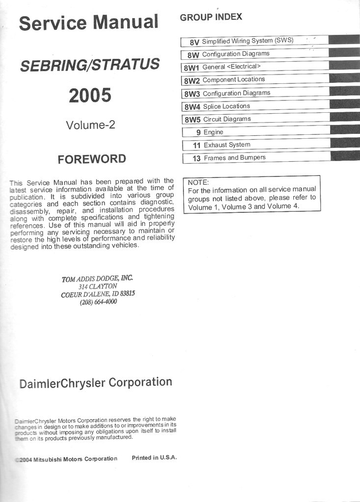 2005 Chrysler Sebring Coupe & Dodge Stratus Coupe Service Shop Repair Manual Complete 4 Vol. Set