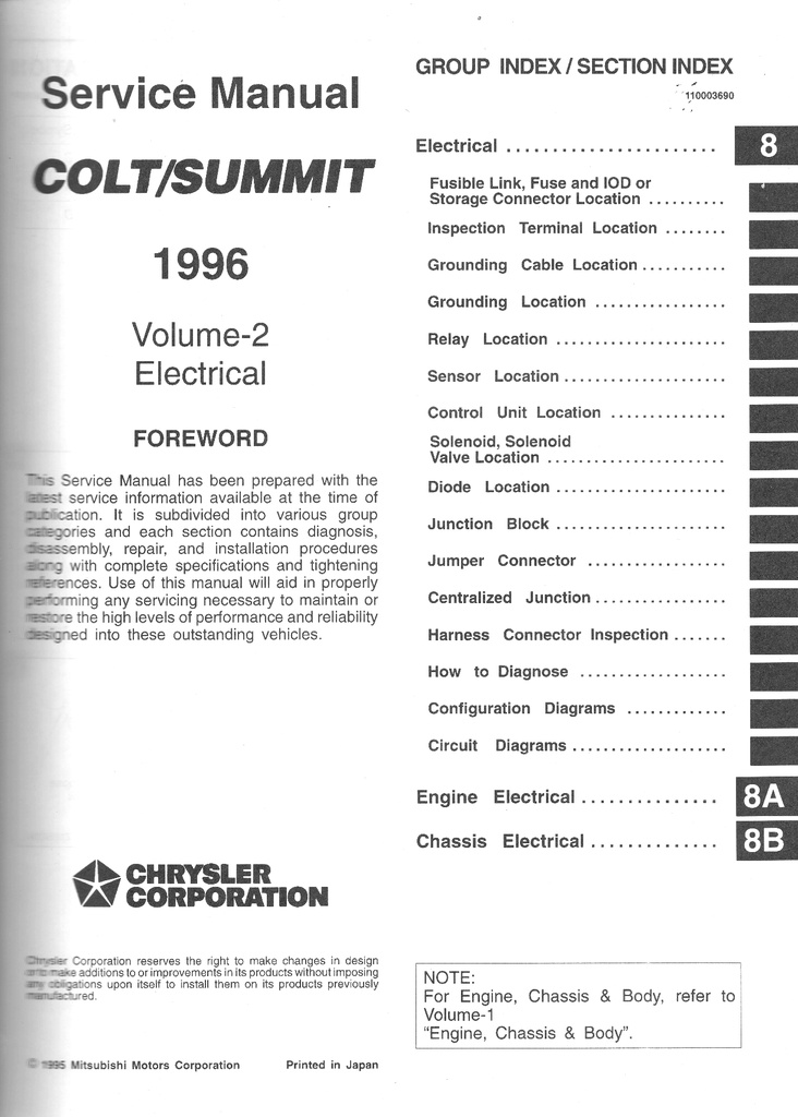 1996 Dodge/Plymouth/Eagle Colt/Summit Shop Maintenance Repair Service & Electrical Manual 2 Vol. Set